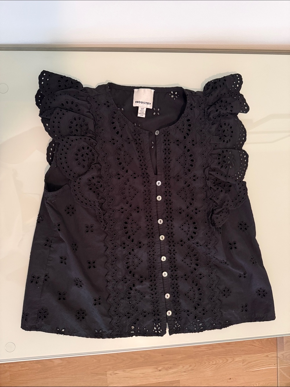 INDUSTRY Black Eyelet Button-Front Ruffle Sleeve Blouse